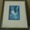 Abstracte mythologische prent vrouw op troon 23x28cm