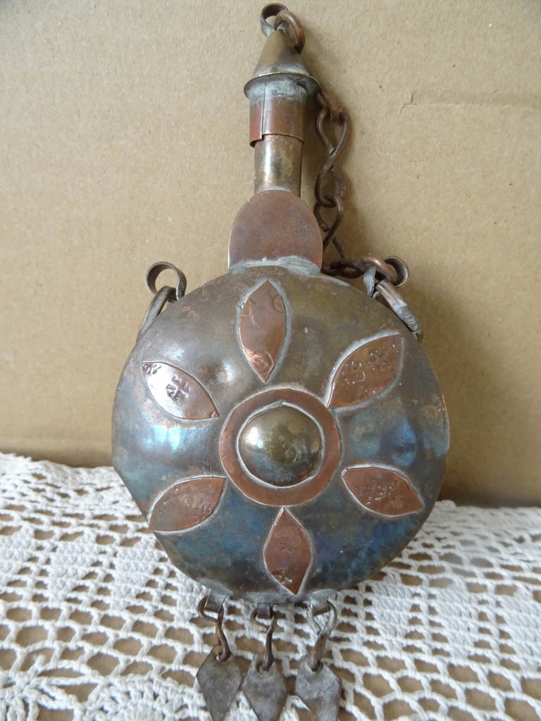 Antiek koperen buskruitflesje 14cm