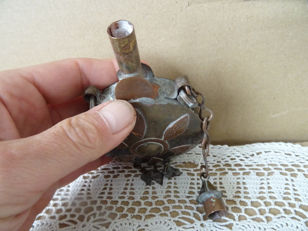Antiek koperen buskruitflesje 14cm - Afbeelding 3