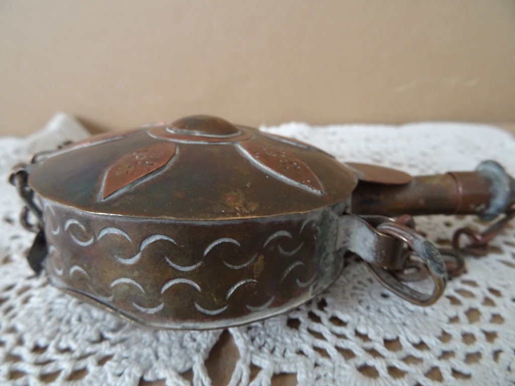 Antiek koperen buskruitflesje 14cm - Afbeelding 18