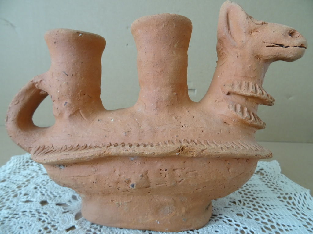 Vintage inheemse aardewerk kandelaar Peru 18cm - Afbeelding 2