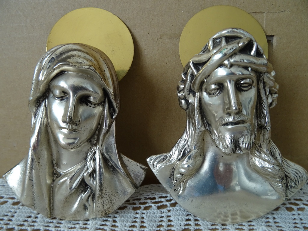 Stel antieke of vintage plaquettes Maria en Jezus - Afbeelding 2