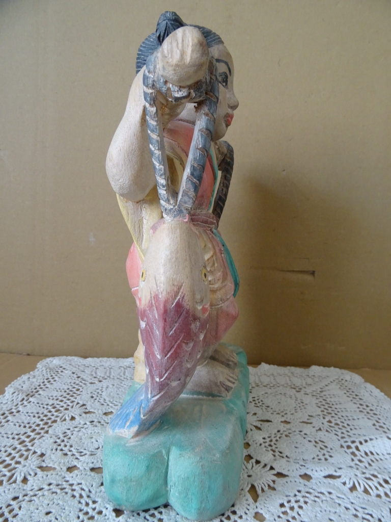 Vintage Chinees houten beeld kind met vissen 29cm - Afbeelding 8
