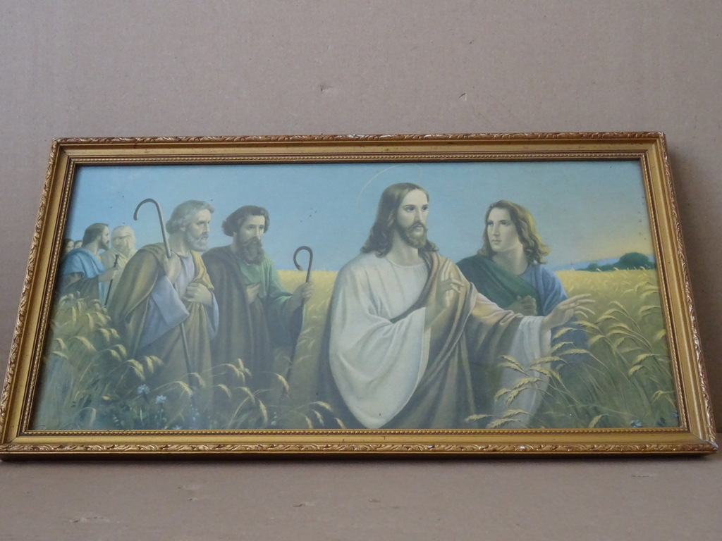 Vintage prent Jezus Christus in het korenveld 40x21cm