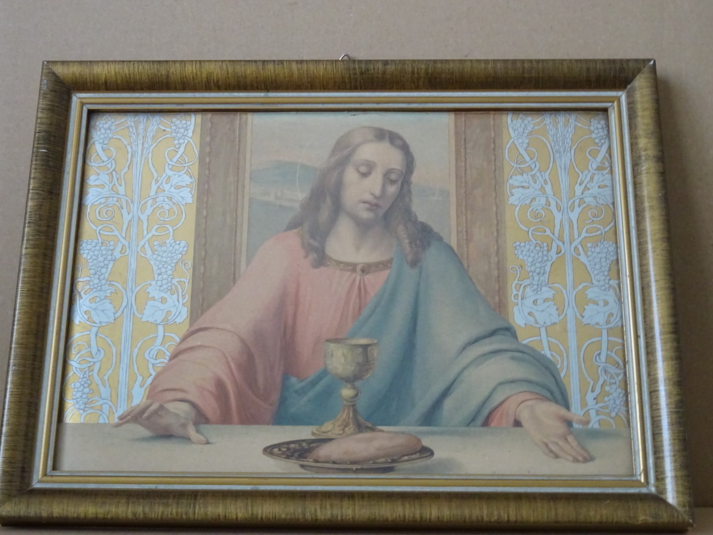 Vintage prent Jezus Christus zegent brood en wijn 35x26cm