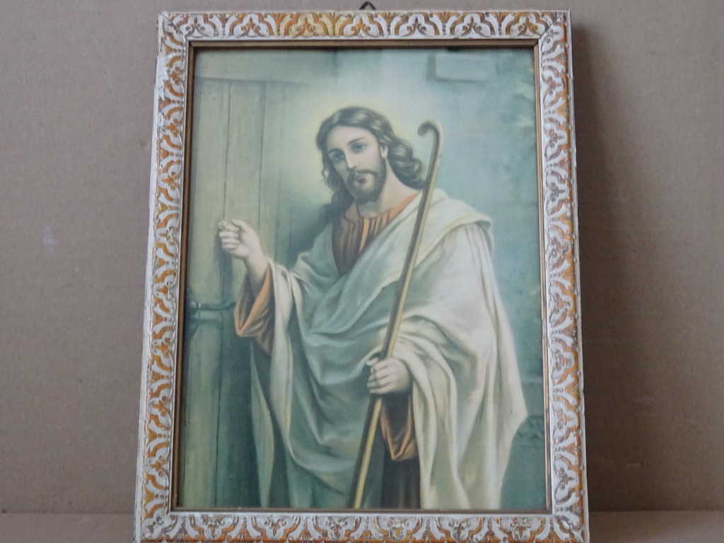 Vintage prent Jezus Christus op deur kloppend 21x27cm