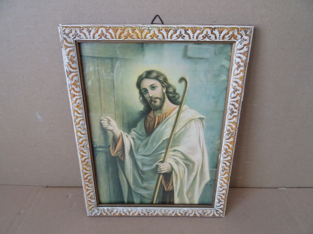 Vintage prent Jezus Christus op deur kloppend 21x27cm - Afbeelding 2