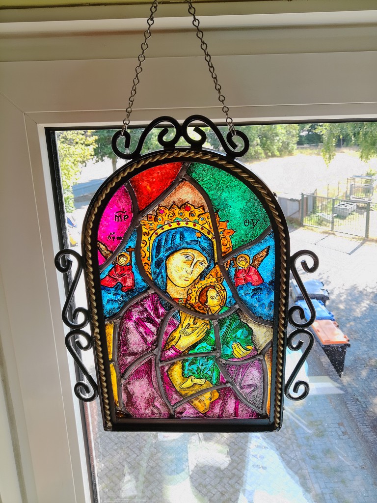 Antiek glas in lood Heilige Maria in lijst neogotische stijl 29x39cm - Afbeelding 3