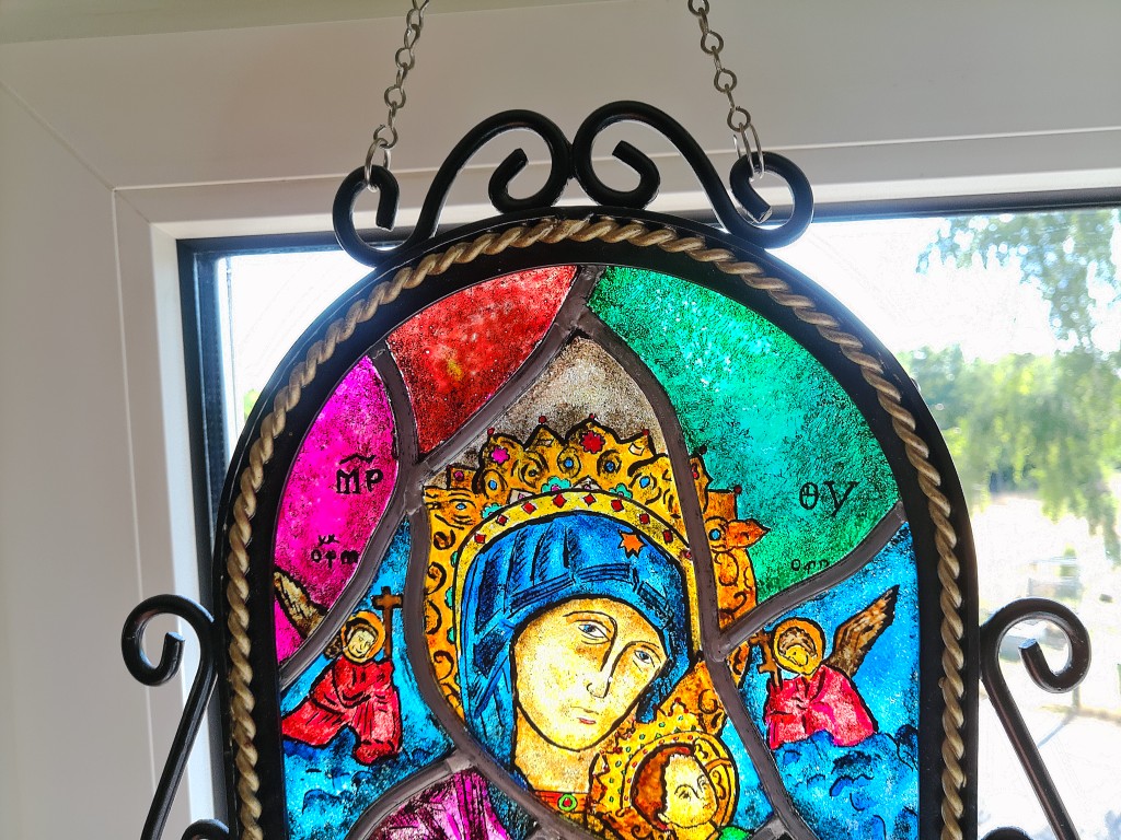 Antiek glas in lood Heilige Maria in lijst neogotische stijl 29x39cm - Afbeelding 4