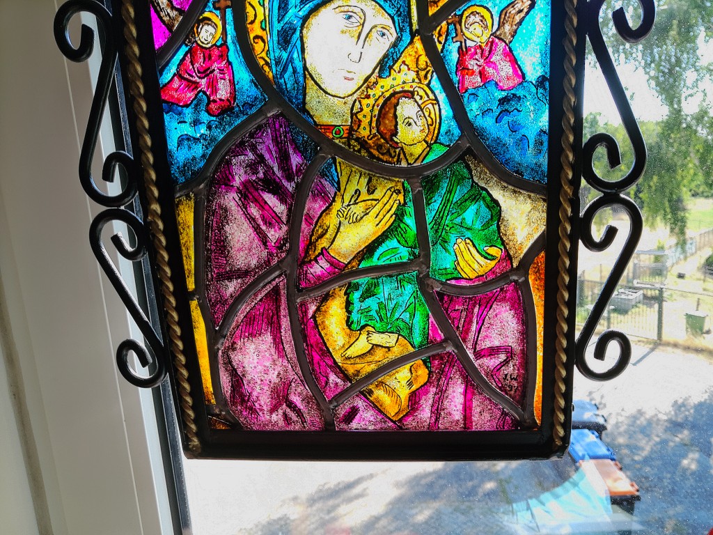Antiek glas in lood Heilige Maria in lijst neogotische stijl 29x39cm - Afbeelding 6