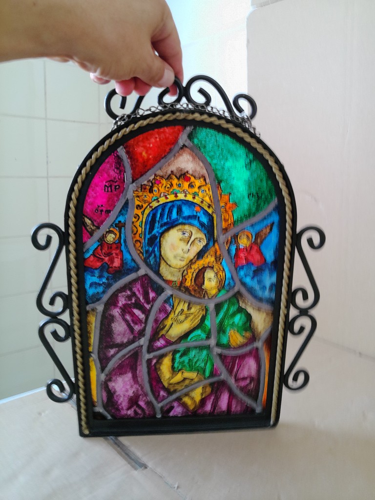 Antiek glas in lood Heilige Maria in lijst neogotische stijl 29x39cm - Afbeelding 10