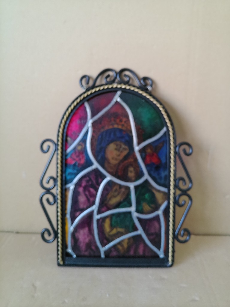 Antiek glas in lood Heilige Maria in lijst neogotische stijl 29x39cm - Afbeelding 11