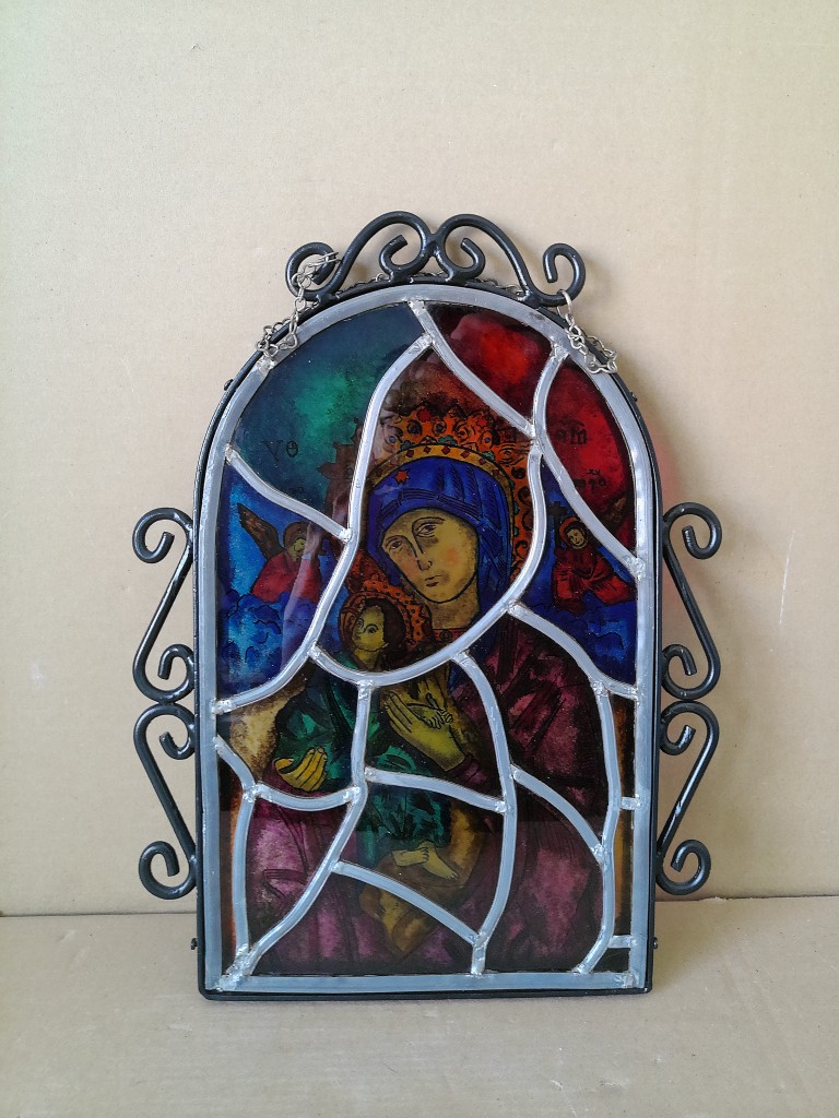 Antiek glas in lood Heilige Maria in lijst neogotische stijl 29x39cm - Afbeelding 17