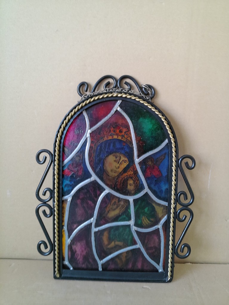 Antiek glas in lood Heilige Maria in lijst neogotische stijl 29x39cm - Afbeelding 18