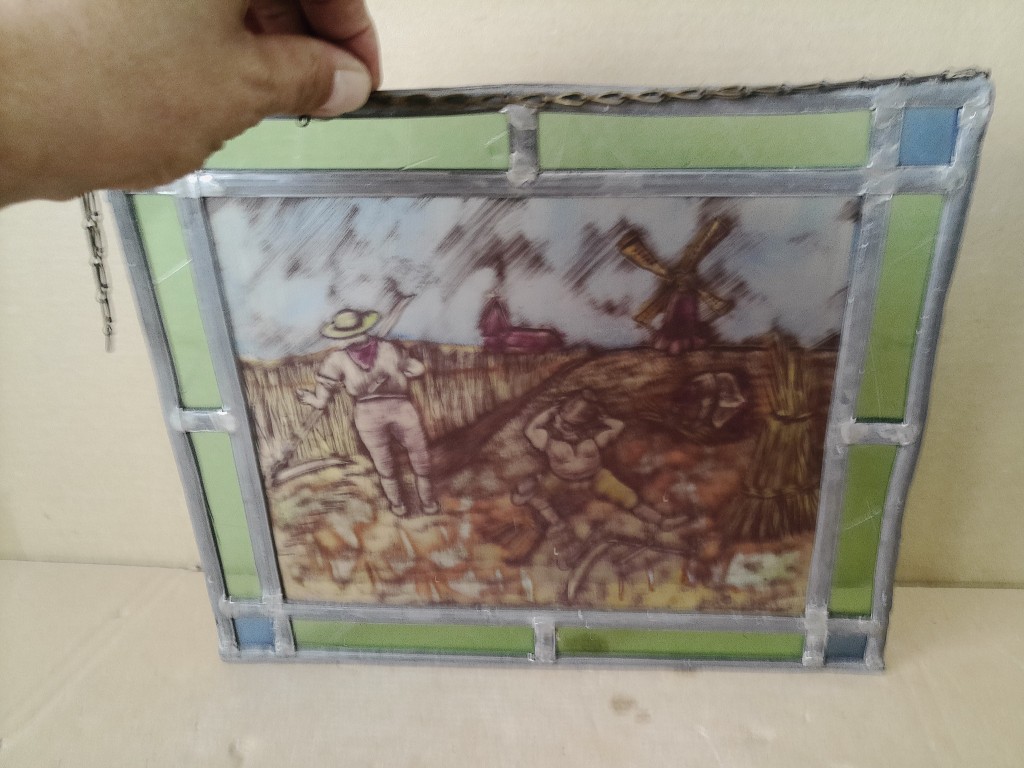 Antiek of vintage glas in lood De graanoogst 33x27cm - Afbeelding 14