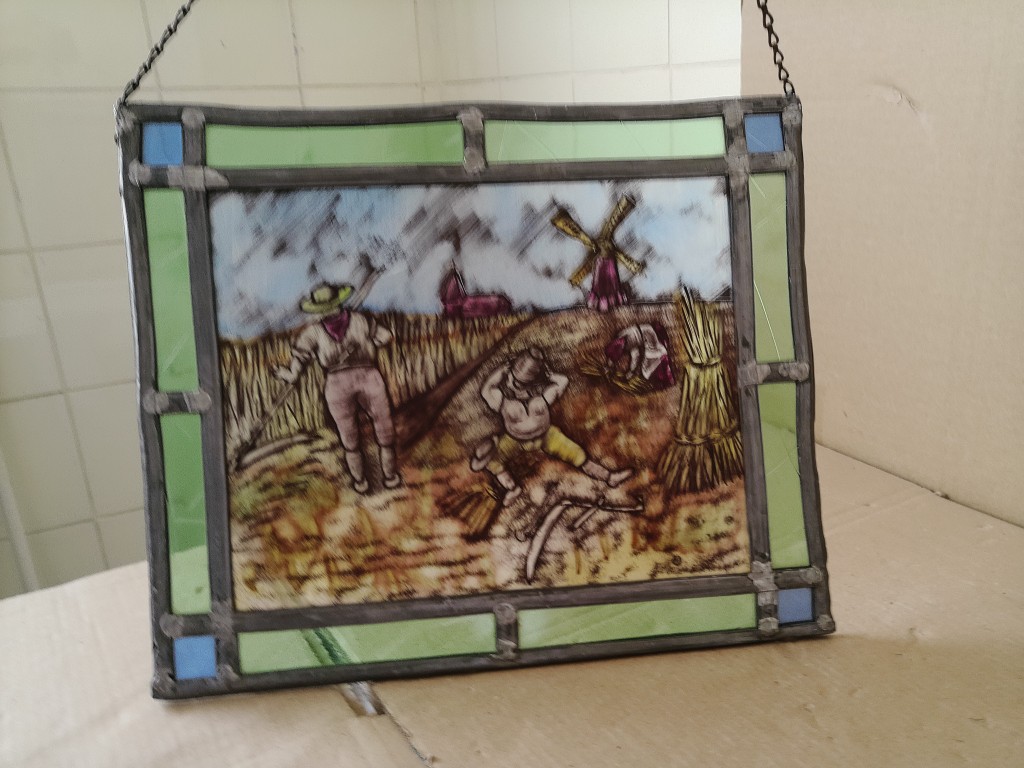 Antiek of vintage glas in lood De graanoogst 33x27cm - Afbeelding 17