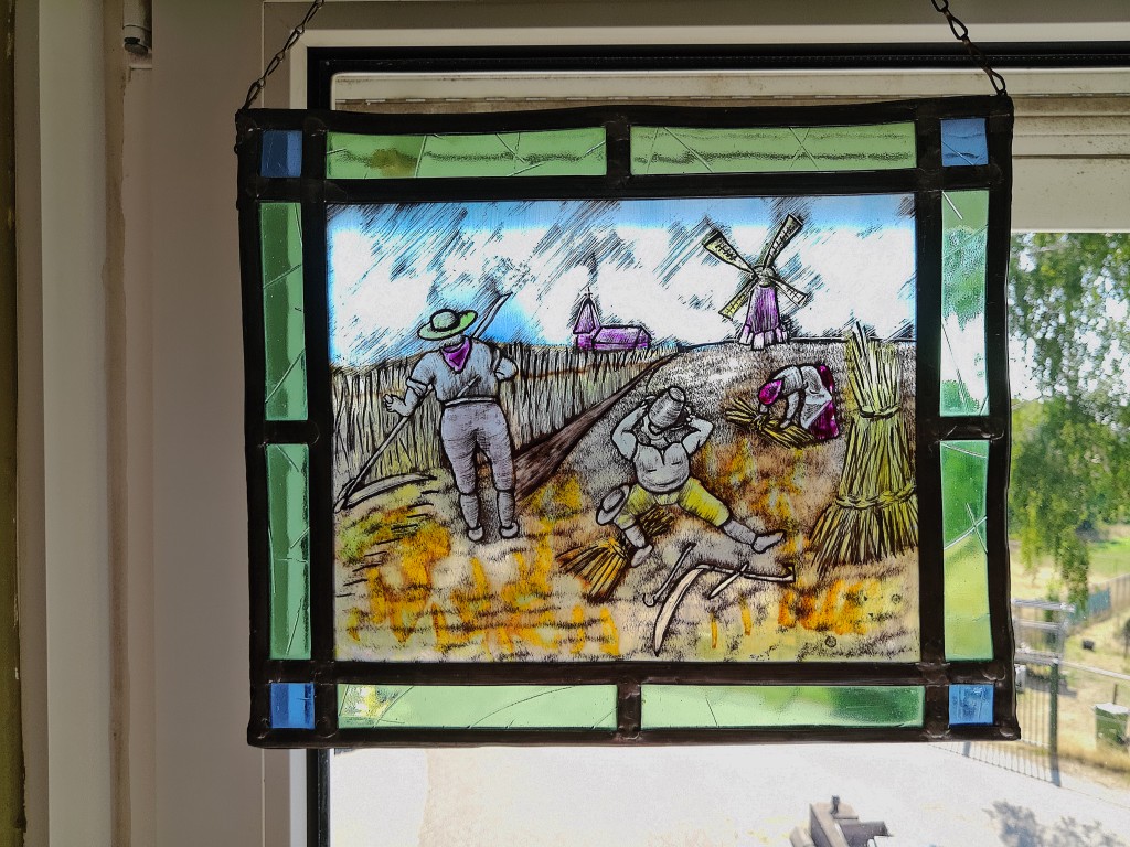 Antiek of vintage glas in lood De graanoogst 33x27cm