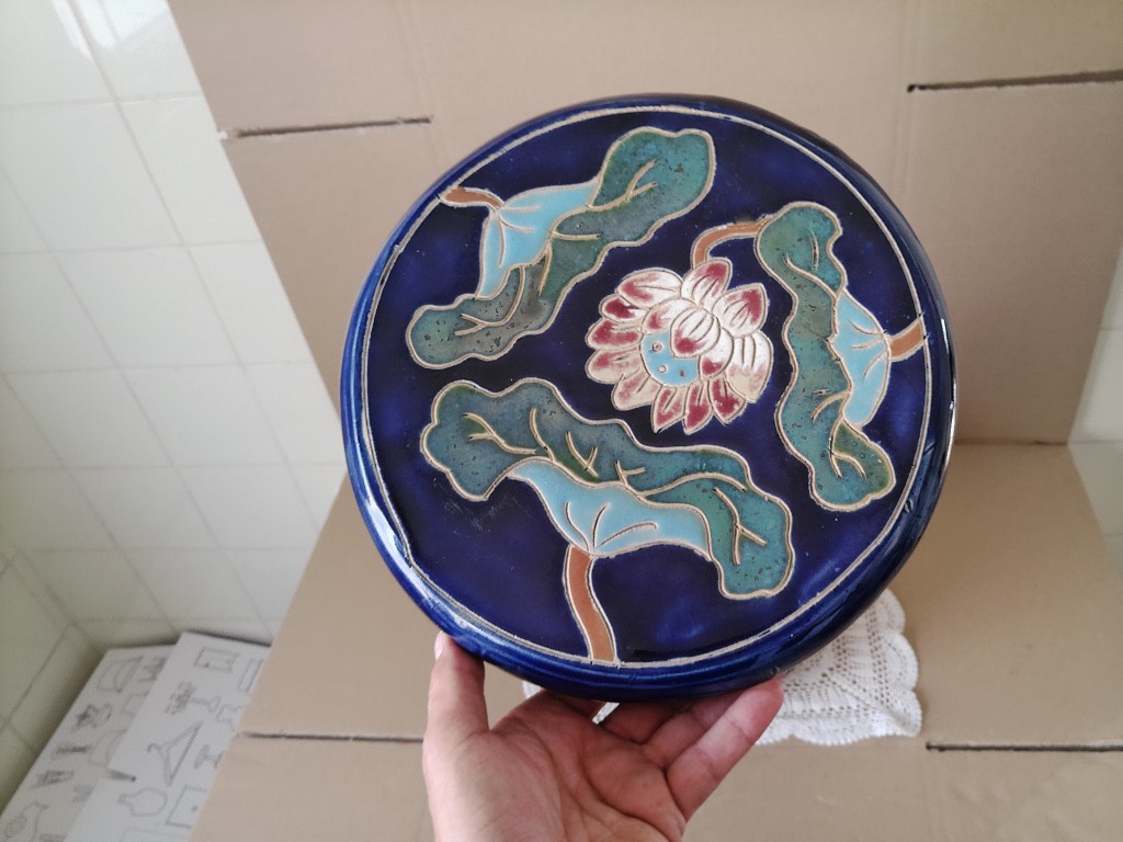 Vintage aardewerk zuil kobaltblauw 53cm - Afbeelding 4