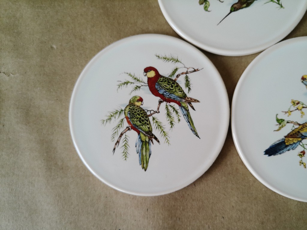 Set vintage tegeltjes of onderzetters met vogels H & R Johnson 9cm - Afbeelding 4