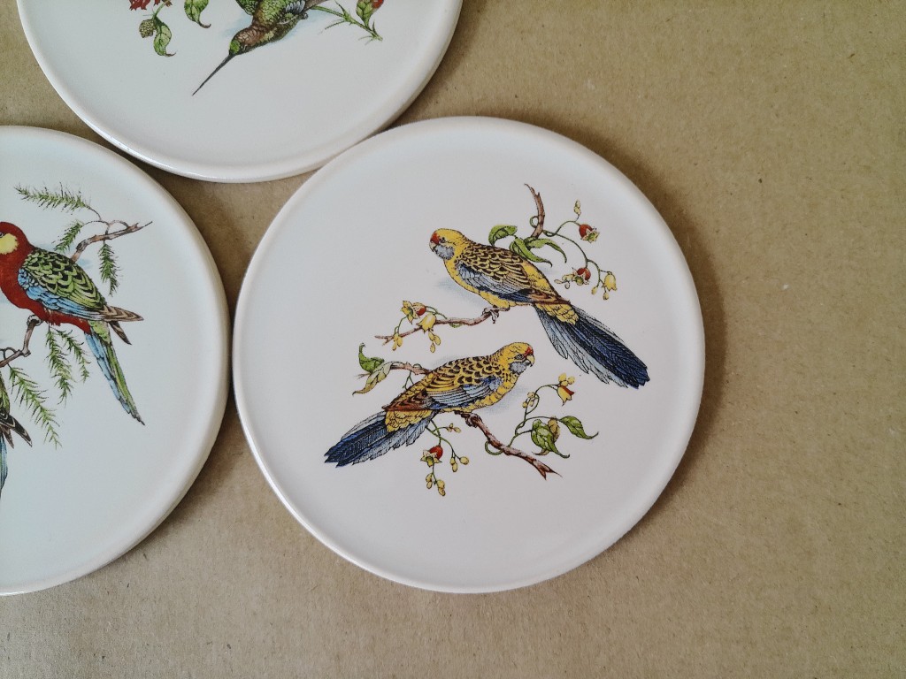 Set vintage tegeltjes of onderzetters met vogels H & R Johnson 9cm - Afbeelding 5